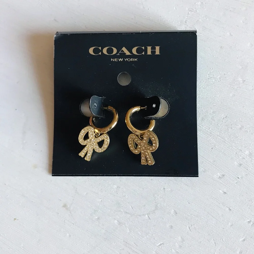 Coach Gold-tone Crystal Bow Hoop Earrings - Picture 8 of 11